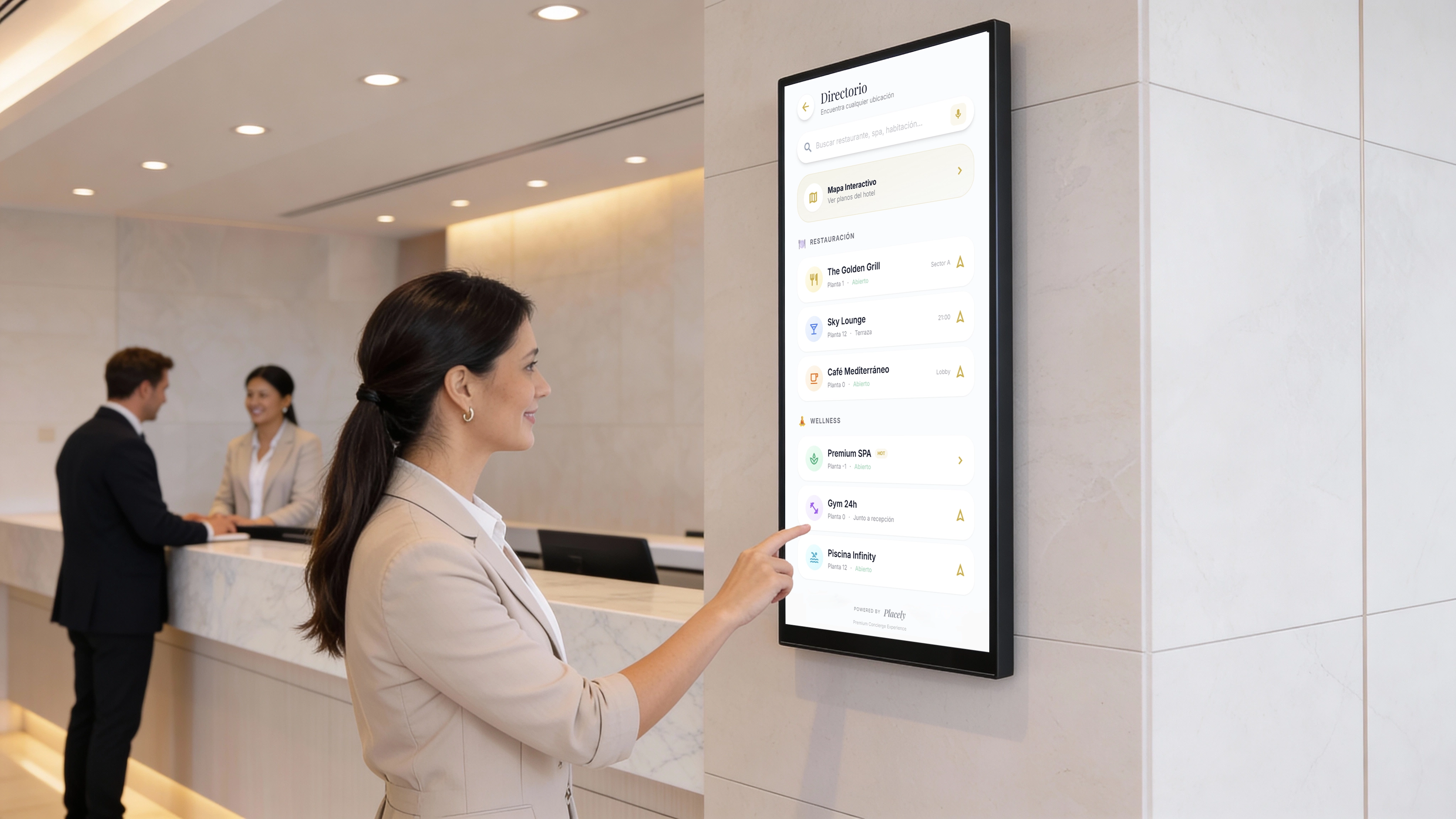 Asistente digital Placely en zona común de hotel