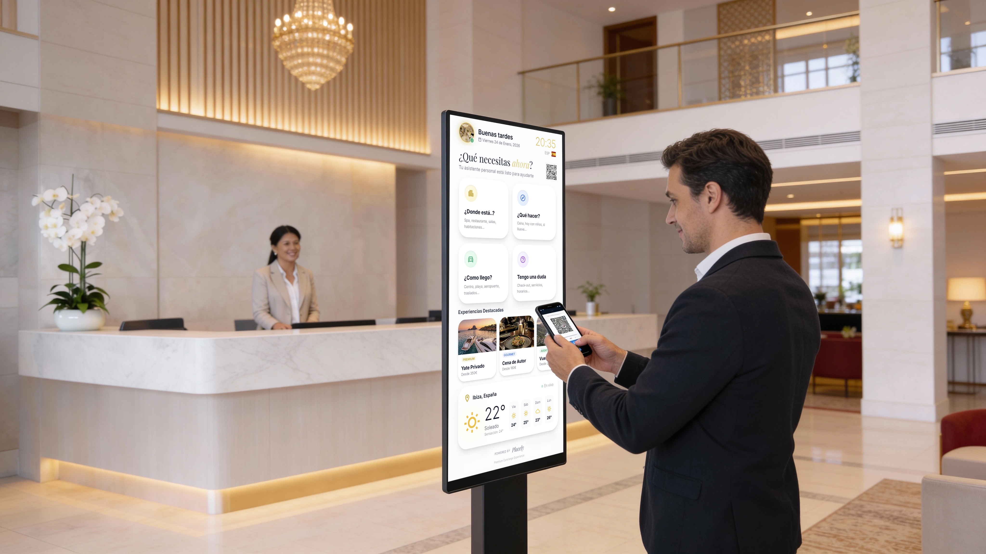 Kiosko Placely con pantalla táctil en hotel